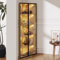 LED stiklinė spintelė 62x35x160cm – ąžuolo išorė, šviesos juosta, apsaugota nuo dulkių, grūdintas stiklas, kampinė spintelė su durelėmis – knygų lentyna, vyno spintelė 62 x 35 x 160 cm
