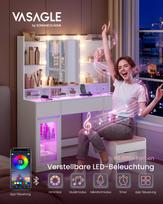 VASAGLE kosmetinis staliukas su LED veidrodžiu ir RGB apšvietimu, elektros lizdais, stikliniu stalviršiu, laikymo spintelėmis, 107 x 40 x 144,5 cm, baltas, miegamasis balta