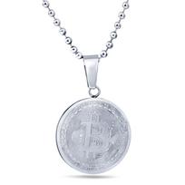 European & American Style Titanium Steel Bitcoin Round Pendant Necklace, 25MM Virtual Currency Commemorative Stainless Steel Design white