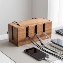 Cable Management Box Wooden Cord Desktop Organizer for Desk, Home Office, Bedside Walnut black