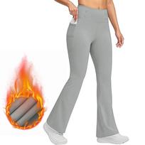 Women's High Waist Flare Leg Yoga Pants with Pockets Winter Thermal Fleece Lined Workout Leggings S šviesiai pilka spalva