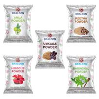 BRALCON Amla, Reetha, Shikakai, Hibiskas, Bhringraj Natūralus Žolelių Miltelių Rinkinys Plaukams - Po 100g, 5 vnt. pakuotė, Iš viso 500g, Be Chemikalų white