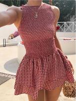 Euro-American Pink Vichy Check Off-Shoulder Lace-Up Mini Dress with Waist-Cinching Layered Design for Summer 2025 XL raudona