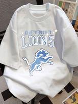 Unisex's Print T-Shirt - Detroit Logo Lions With Sparkle Effect Casual Round Neck Short Sleeve Tee For Urban Streetwear, All-Season Comfort Fit-White S gray
