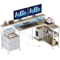 Kampinis stalas su rozetėmis ir RGB LED apšvietimu, kompiuterio stalas, 172 x 100 cm, monitoriaus stovas, 2 stalčiai, baltas 172 x 100 x 89 cm