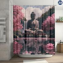 Serene Buddha In Lotus Position Shower Curtain - Pink Sakura & Waterfall Design, Durable Polyester,Ideal For Bath & Window Decor W60H190(CM)-1 Pcs gray