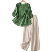 Two Piece Cotton Linen Set Loose Fit Top with Embroidered Detail and Relaxed Wide Leg Pants for Everyday Wear L-3 žalia