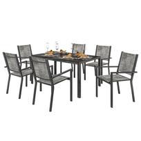 Lauko sodo stalas su 6 sulankstomomis kėdėmis, 150 cm ilgio grotelėtas stalviršis, atspari rūdims plieno konstrukcija, juodas 150 x 90 x 71 cm