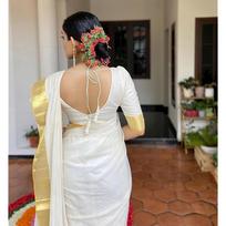 Yashika moteriškas madingas medvilnės ir šilko sari su medžiaga bliuzei|| Pongal ypatingas Pietų Indijos Kerala sari su bliuze free Size balta