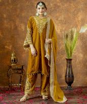 Bollywood aksominis salwar kostiumas, Siuvinėtas paruoštas suknelės komplektas su dupatta, Tradicinis indiškas drabužis Palazzo rinkinys L garstyčios