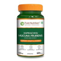 Pure Nutrition Kapikacchu Mucuna Pruriens (Kaunch Beej ekstraktas), 500 mg, 60 daržovių kapsulių – Palaiko gyvybingumą, kognityvinę sveikatą ir nuotaikos pusiausvyrą