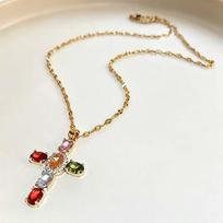1Pcs Dopamine Colored Zircon Cross Necklace Women'S Retro Sweet Cool Style Personalized Daily Collarbone Accessory A5 beige