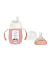 BEABA MOKOMASIS STIKLINIS BUTELIUKAS-GERTUVĖ 2IN1, 210 ML, OLD PINK, SILIKONINIAME DĖKLE