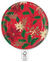 Kalėdinės popierinės lėkštės „Holly Poinsettia“ 8 vnt. 23 cm FSC