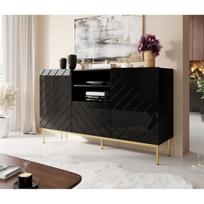 Cama Meble ABETO komoda ant rėmo iš auksinio plieno, 150x42x90 cm, juoda/juodas blizgesys, 2 durys, 1 stalčius, 3 lentynos