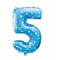 Mėlynas skaičius su žvaigždutėmis, mėlynas folijos balionas „5“, 61 cm