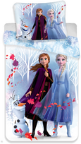 Patalynė bawełniana 140x200 Frozen Kraina Lodu Anna Elsa Olaf bałwanek liście las 4911 poszewka 70x90