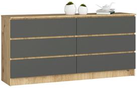 Komoda Akord K160 6SZ CLP, pilka sp./artisan oak sp., 77 cm x 160 cm x 40 cm