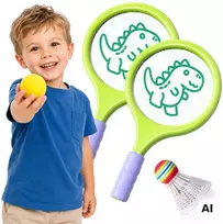 Badmintono rinkinys vaikams su raketėmis, putplasčio kamuoliuku ir dinozauro formos plunksnakočiu WOOPIE