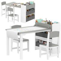 Medinis vaikų stalas ir 2 kėdės rinkinys su popieriaus ritinėliu, lentynomis ir stalčiais, mergaitei berniukui 3-8 metų, pilkos spalvos 102.5 x 58 x 64 cm