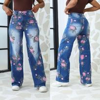 Women's High Waist Straight Leg Jeans Floral Print Vintage Denim Pants Casual Daily Long Trousers S mėlyna