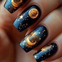 24 Pcs Medium Square Press on Nail Space Themed Designs Moon Star Pattern Acrylic Glossy Full Cover for Women and Girls 1 black