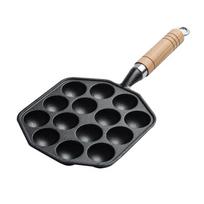 ZISIZ Cast Iron 14-Hole Takoyaki Pan with Wooden Handle black