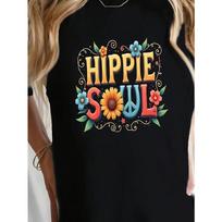 Women HIPPIE SOUL Vintage T-Shirt Black Crew Neck Short Sleeve 60s70s Retro Floral Graphic Boho Festival Summer Slim Fit Top S juoda