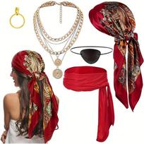 Pirato Kostiumo Aksesuarų Rinkinys Moterims Vyrams, Helovino Cosplay Apranga Skara Diržas Karoliai Apyrankė Akių Raikštis red