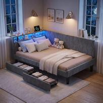 Sofa-lova 140x200 cm su RGB LED apšvietimu ir USB/Type-C jungtimi, apmušta lova su dviem stalčiais, pilka, aksominė