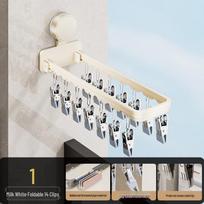 Wall-Mounted Folding Sock Drying Rack with Suction Cups and Multi-Clips for Balcony Use white