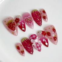 24pcs Wearable Press on Nails Strawberry Bow Design Nails Tips Red Short Almond Pearl Starlight Fake Nail Art Flower False Nails gray