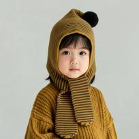 Vaikų rudens-žiemos šiltas storas megztas kepurės ir šaliko rinkinys - Unisex kūdikio vėjui atsparus ausų atvartų 2 viename jaukus galvos apdangalas 2-8T 48-54CM geltona