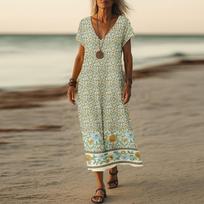 Vasaros suknelė Moteriška ilga Boho paplūdimio suknelė Elegantiška Maxi suknelė V formos iškirpte Trumpomis rankovėmis Vasarinė tunikos suknelė Lengva, orui laidi XL