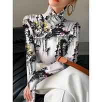 Ladies Shanshui Former Residence Long Sleeve Shirt - Half Turtle Collar T-Shirt Top, Slight Elasticity - Versatile Shirt for All Seasons 3XL black