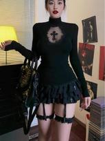 Spicy Gothic Cross Cutout High Neck Transparent Women's Streetwear Top XL juoda