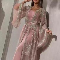 Women 2 Pieces Beaded Chiffon Kaftan Dress Flare Sleeve Long Maxi Evening Party Gown with Belt S rožinė