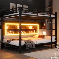 140x200 Dviaukštė lova su sandėliavimo spintelėmis ir LED apšvietimu, Juoda 204 x 146 x 160 cm juoda