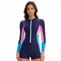 New long-sleeved color-matching one-piece swimsuit women's conservative sunscreen surf suit flat-angle tight swimsuit S blue