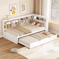 Sofa-lova 90*200, Ištraukiama lova 90*190 su USB lizdu ir daugybe laikymo skyrių, Medžio masyvo lova, Viengulė lova, Medinė daugiafunkcinė lova, Balta. 222.5 x 116 x 92.5 cm balta