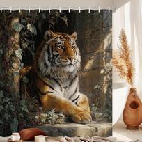 Tiger Shower Curtain Majestic Big Cat in Jungle Print Waterproof Polyester Bathroom Decor Bath Curtain Set (as the picture,90x180cm35x71in) black
