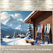 1 2D printed background banner snowboard and winter mountain house wall cloth 180X110 gray