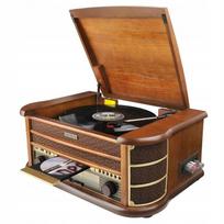Patefonas su vinilų adapteriu, radiju, kasečių, CD, MP3, USB ir AUX jungtimis, nuotolinio valdymo pultu