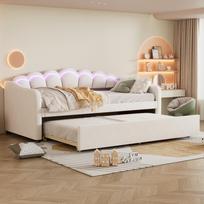 Dieninė sofa, 90x200cm su ištraukiama lova, Viengulė lova (Be čiužinio), Aksomas, Spalvą keičianti aplinkos apšvietimas, Nuotolinio valdymo pultas, Minimalistinis dizainas, Smėlio spalvos 213 x 99 x 87 cm smėlis
