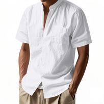 Men's Short-Sleeve Stand Collar Shirt with Pocket - Casual Button-Down Lightweight Loose-Fit Top S balta