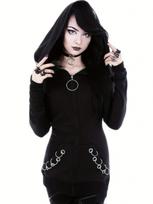 Gothic Punk Womens Full-Zip Hooded Sweatshirt - Allure-Enhancing Long Sleeves Timeless Solid Black, Fashion-Forward Design - Em XL juoda