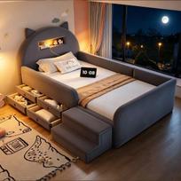 Apmušta vaikiška lova 90*200 cm, ausies formos galvūgalis, lentyna, naktinis šviestuvas ir USB prievadas, nuimamas kojūgalis, laikymo stalčius, aksomas, tamsiai pilka 211 x 97.5 x 102.5 cm tamsiai pilka spalva