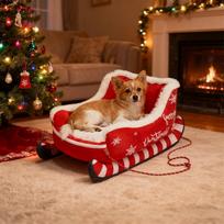 Christmas Dog Bed Sled Cat Hammock with Anti-slip bottom Washable Dog Sofa Bed Nest for Small Medium Cats Dogs Christmas Winter S beige