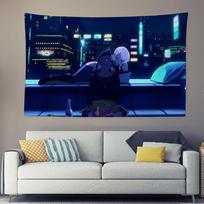 Cyberpunk Edgerunners Tapestry David & Lucy Night City Scene Print, Neon Cyberpunk Anime Wall Hanging for Bedroom & Gaming Decor 100X70CM blue