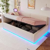 Apmušalas Lova 90 x 200 cm su LED apšvietimu, C tipo ir dviem USB prievadais, L formos atlošas, Velūras, Hidraulinis lovos rėmas, Smėlio spalvos (Čiužinys neįtrauktas) 213 x 98 x 68 cm smėlis